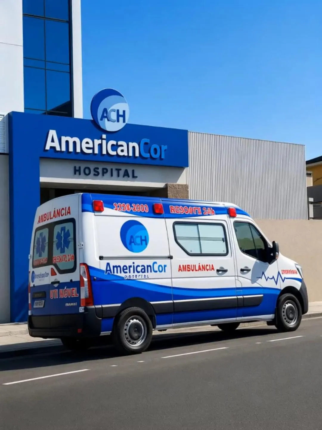 Ambulância de UTI móvel em frente ao Hospital AmericanCor