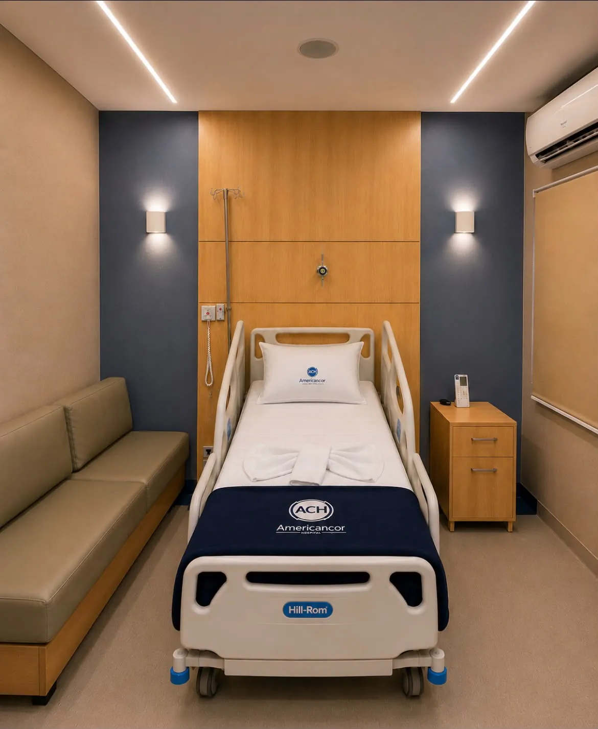 Suíte premium com cama hospitalar e sofá para acompanhante
