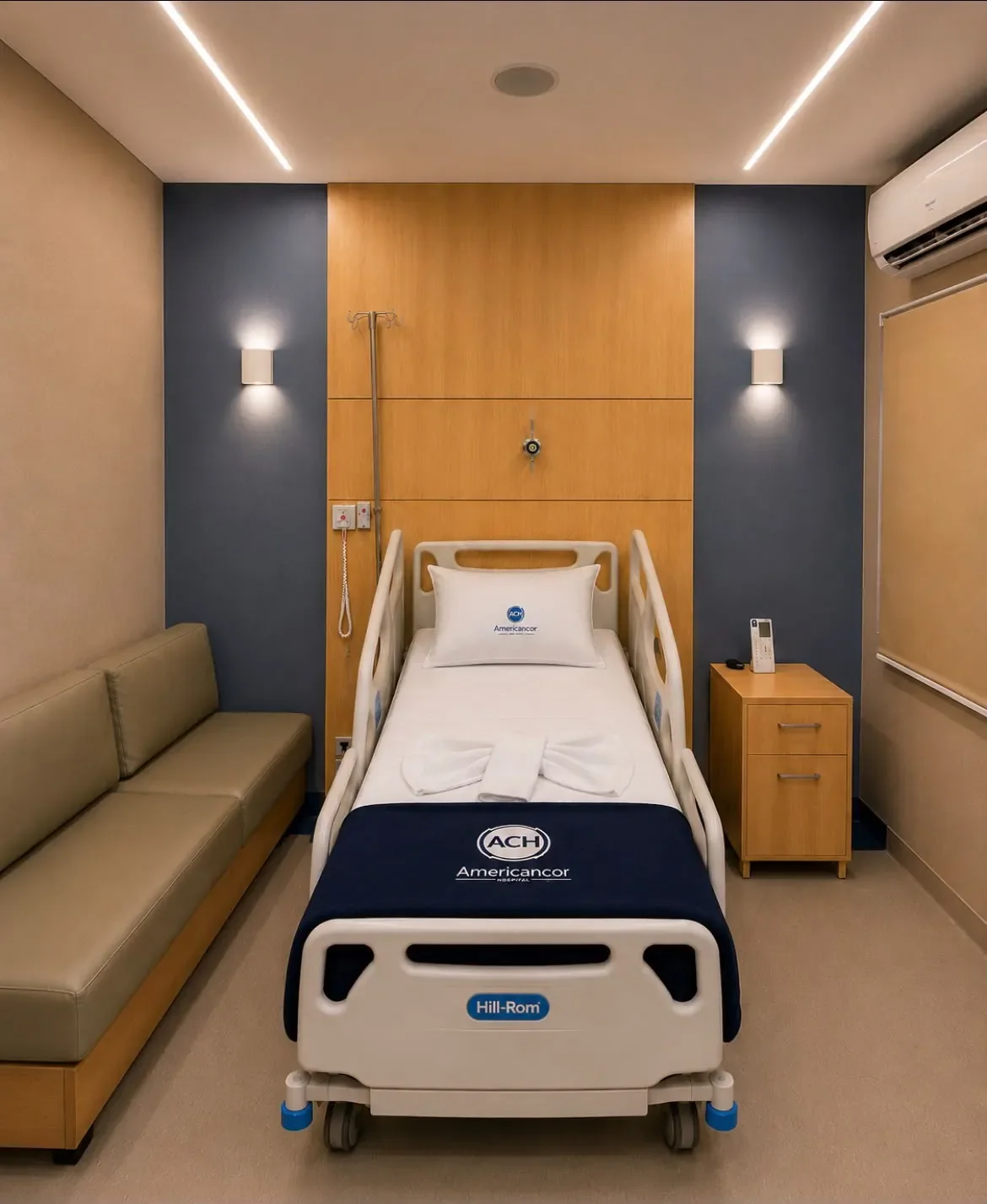 Cama preparada em uma suíte premium do Hospital AmericanCor